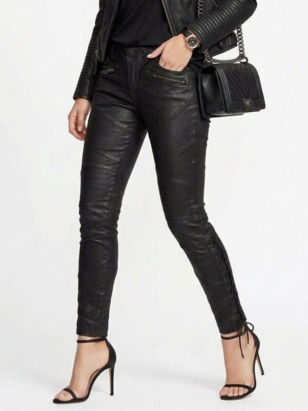 Ralph Lauren Black Coated Stretch Biker Skinny Jeans Faux Leather Womenβs 27 Y2K